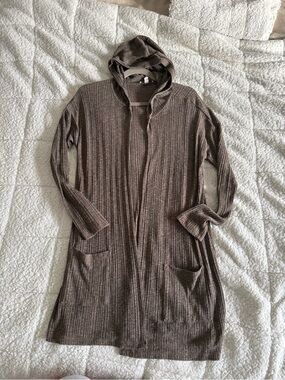 American Eagle Outfitters Taupe Ribbed Hooded Open Cardigan